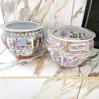  Lot of Two Vintage Chinese Fishbowl Ceramic Planters - Both 12" x 10" w/ Koi Fish Designs