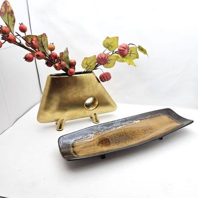 Unique Gilded Slim Vase Paired with Pretty Footed Earth Tone Ceramic Rectangle Serving Tray