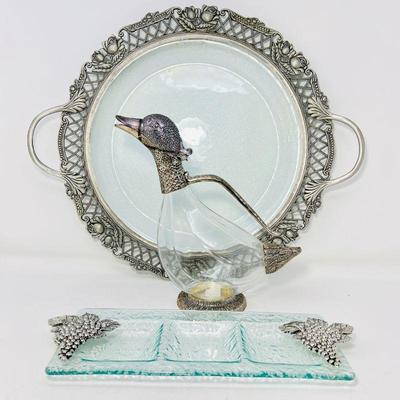 Unique Duck Decanter with Silver Details & Two Serving Tray Set.