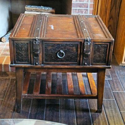  Decorative Dark Wood Tone End Table with Embossed Tin Side Panels and Leather-Like Straps