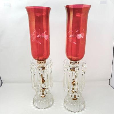  Elegant Vintage Candle Holders - Pair of Cranberry Etched Glass Shades and Crystal Bases
