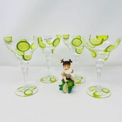 Hand Painted Lime Margarita Glasses Set of 4 with Porcelain girl w/ Lime Figurine. Hand-Painted Lime Margarita Glasses Set of 4 with Lime...