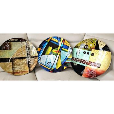 Set of Three Large 18" Decorative & Colorful Lacquered Platters