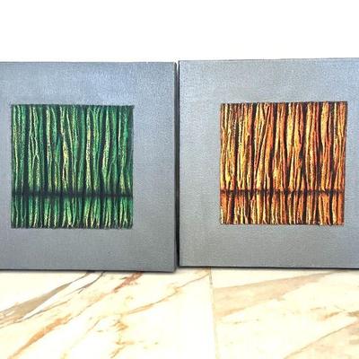 Set of 2 Textured Canvas Paintings - Green and Brown with Gray Frames - Each 16" x 16"