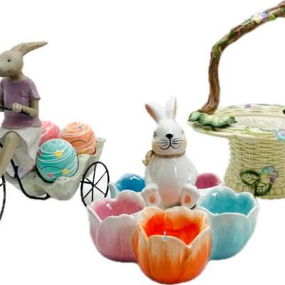  Decorative Easter Rabbit Collection - Bicycle Bunny, Colorful Bowls, and Ceramic Basket.