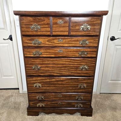 Vintage High Boy Dresser with Original Brass Hardware and Five Drawers - in Dark Wood Tone 49" Tall