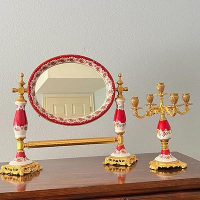  Elegant Porcelain and Ormolu Decorative Vintage Set- Oval Swivel Vanity Mirror and Five Arm Candelabra 