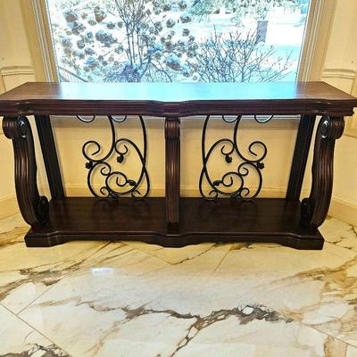 Mahogany Buffet / Hall Table with Iron Scrolling Accents and Lower Shelf