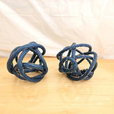 Set of Two Z Gallerie Exclusive Blue Glass Knots -Hand Blown Twisted Art Glass - 7.5" Diameter