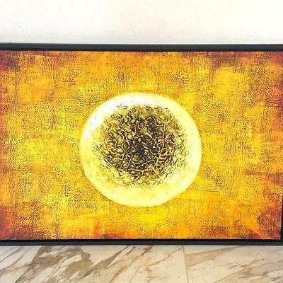  Abstract Gold, Red, and Orange Orb Framed Canvas Painting. 49" x 33.5"