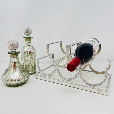 Diamond Crusted wine rack and two ZGallerie elegant Mercury glass decanters