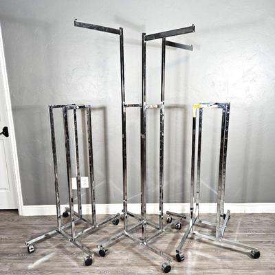 Lot of Three Commercial Clothes Racks with Adjustable Heights and Locking Wheels