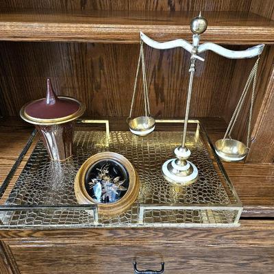  Gilded Lovers Set- Serving Tray, Brass & Mother-of-Pearl Scale, Gilded Hawaiian Flowers & Lidded Ceramic Jar