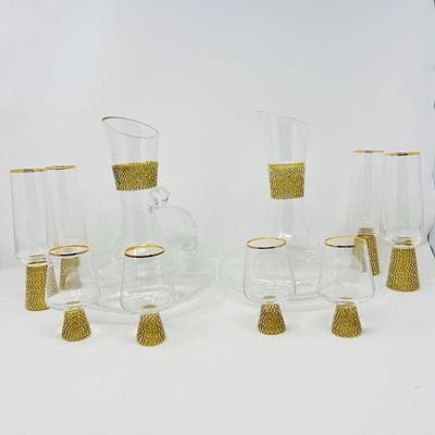 Champagne and Cocktail Gold-rimmed Diamond-wrapped Glasses With Matching Decanters
