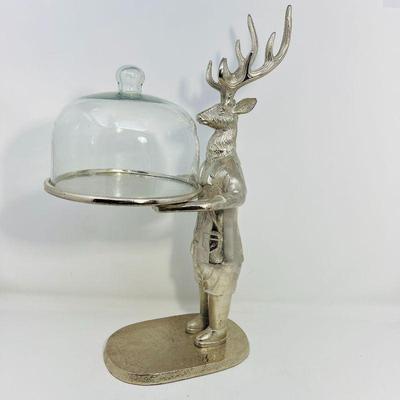 Stylish Silver Deer holding a tray with Glass Cloche.