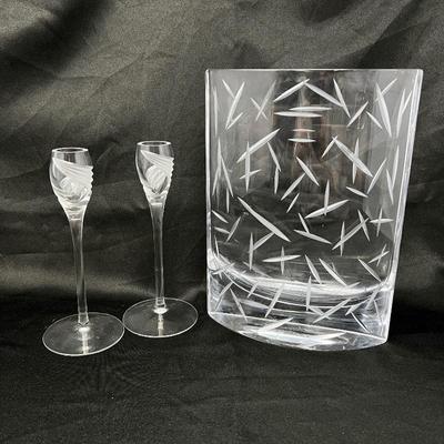  Glass Nambe Vase and Two Petite Lenox Crystal Taper Candle Holders