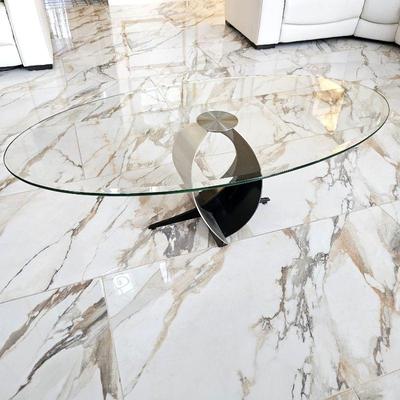 Contemporary Glass Top Oval Coffee Table with Silver and Black Metal Base