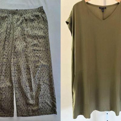 Olive Silk Tunic & Print Pants - Eileen Fisher