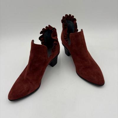 Brick/Brown Suede Ruffled Ankle Boots - Lori Goldstein