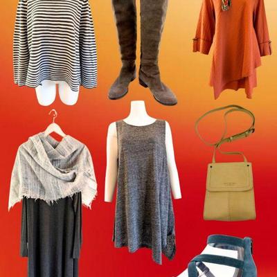 Elegant Eileen Fisher Wardrobe of Sweaters, Linen dresses, Silk Shells, Purses, Shoes, and more!