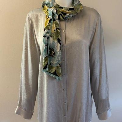 Stunning Silver Silk Shirt & Scarf - Eileen Fisher/Vittadini