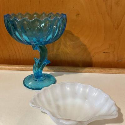 Vintage Indiana Glass Lotus Blossom Pedestal Bowl with Milk Glass Clamshell Dish