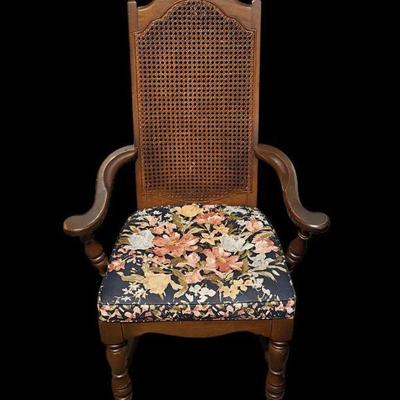 Floral Upholstered Wooden Rattan Dining Arm Chair
