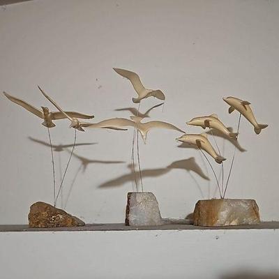 Three Vintage Mid Century Flying Seagulls and Dolphins with Quartz Base
