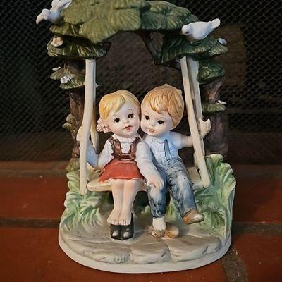 Yamakuni Boy and Girl on Swing Hand Crafted in Japan Porcelain Figurine
