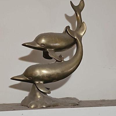Mid Century Modern Brass Double Dolphins Sculpture