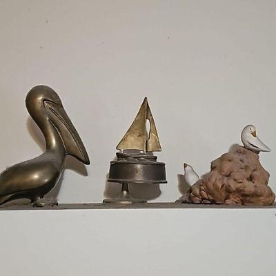 Brass Pelican Sculpture, Vintage Rotating Brass Sailboat Music Box, and Handcrafted Seagull on Burl Wood Base Figurine