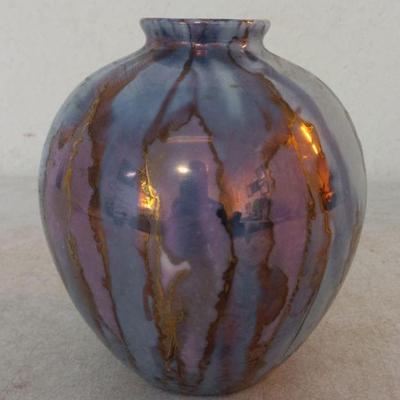 Maine Porcelain by S Designs Brewer Maine Hand Made Vase - Purples/Blues/Gold - 4½" Diameter Widest  x 6" Tall
