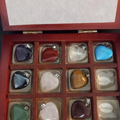 Genuine Natural Stone Heart Pendants in Wooden Box