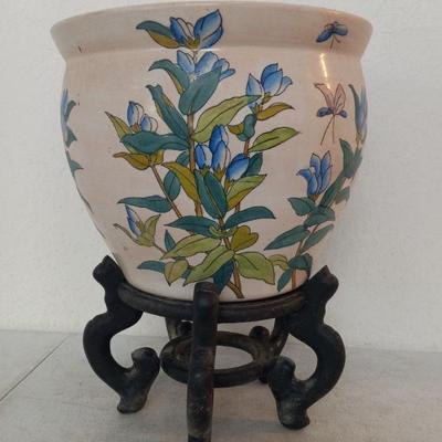 Flowers & Butterflies Planter on Wood Stand