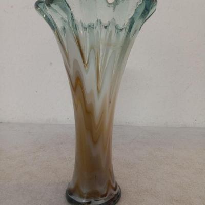 Vintage Hand Blown Caramel/White Art Glass Trumpet Vase 