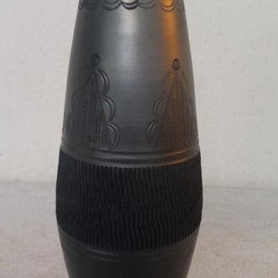 Signed (Incised) Carlos Lima (Portugal) Made in Situ Hand Made Barro Negro Vase - 4" Diameter Widest x 12" Tall