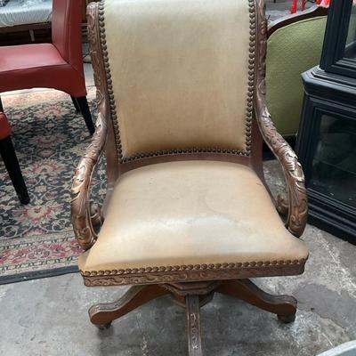 Nail Head Carved Wooden Office Chair On Wheels Nail head carved wooden office chair on wheels