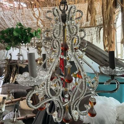 Vintage Teardrop Gold And Clear Beaded Chandelier  
