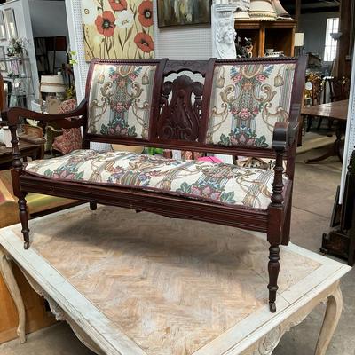 Wood Carved Embroidered Bench