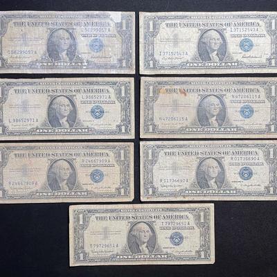 Lot of Seven 1957 Series $1 Dollar Silver Certificates - Blue Seal Collection!