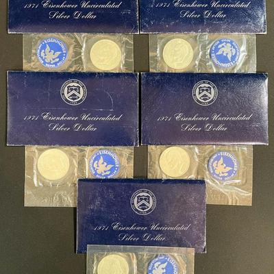 Lot of 5 - 1971 Eisenhower 40% Silver Dollar Coins - Uncirculated in Original Packaging!