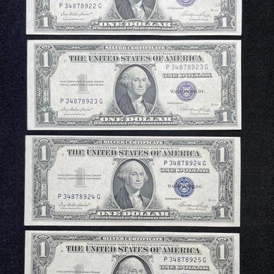 Rare Consecutive Run of Four 1935E One Dollar Silver Certificates - Denver Series - Blue Seal...Nice!