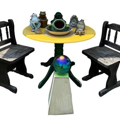 Whimsical Froggy Garden Ensemble: Round Table drop Leaf, Chairs, Planters & Gazing Ball! 