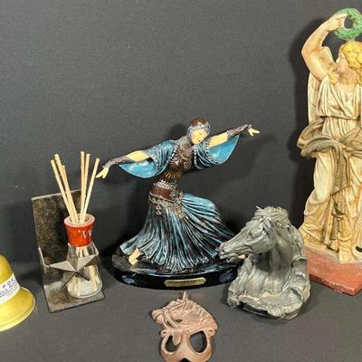 Rustic Cast Iron Decor Lot – Vintage Hooks, Figurine, Bell & Lone Star Wall Piece