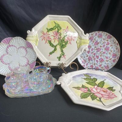 Vintage Iridescent Teacups And Trays With Handpainted Decorative Plates