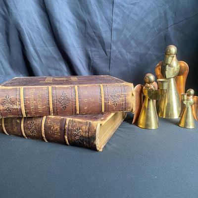Antique 1872 & 1874 Picturesque America Volume 1 & 2 Books And Brass Angel Set