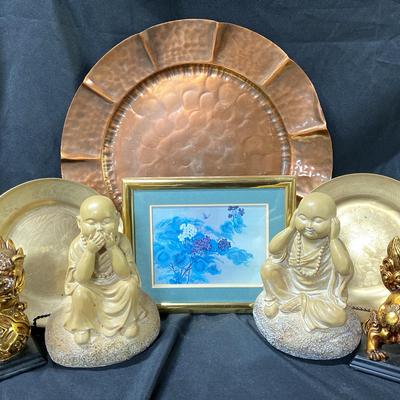Copper Platter, Etched Brass Tray, Book Ends And Two Monk Statues 