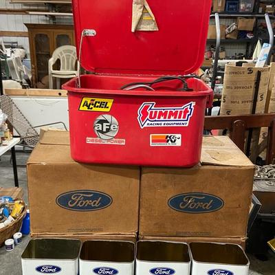 Chicago Parts Washer, 4 Boxes Of Empty FORD Tins (24), 4 Tins With Hardware