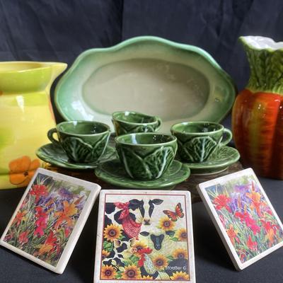 Noble Excellence Pitcher, West Coast Pottery Teacups And Serving Dish With Pie Stand And Coasters