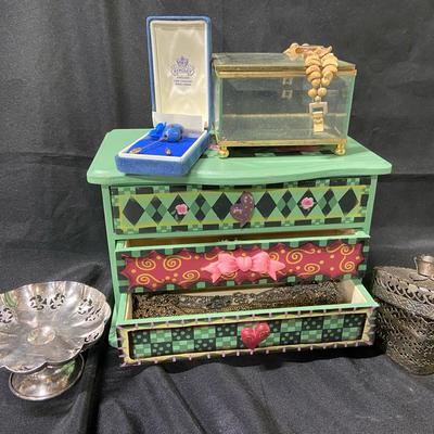England Bone China Pins, Jewelry Chest With Earrings, Handmade Rings And Some Vintage Jewelry
